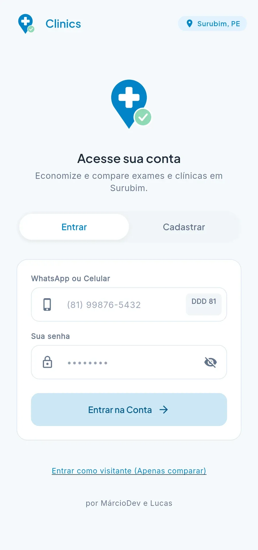 Tela de acesso do app Clinics no Android, com entrada por WhatsApp ou como visitante