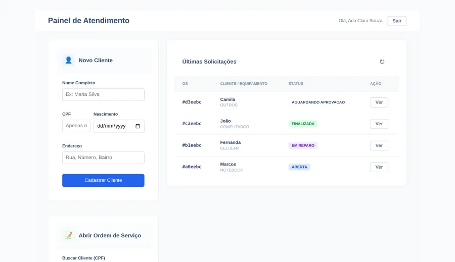 Painel de atendimento com cadastro de clientes e últimas solicitações por status