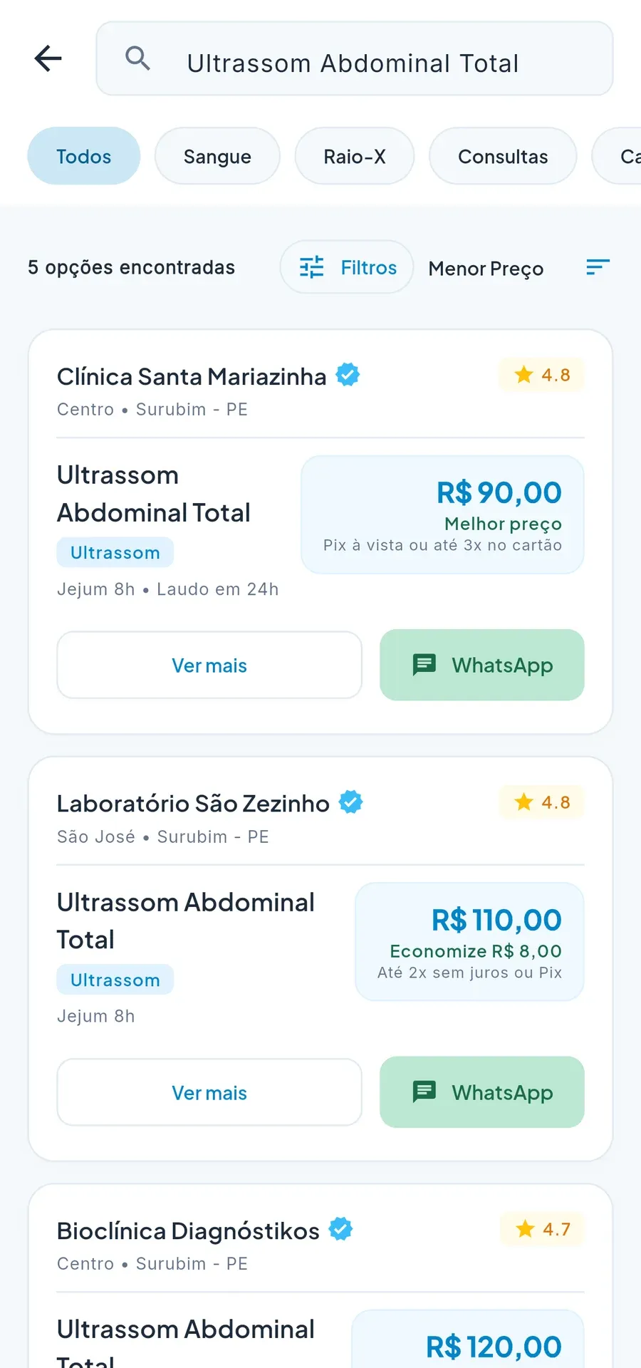 Comparação de preços de um ultrassom em várias clínicas, com botão de WhatsApp