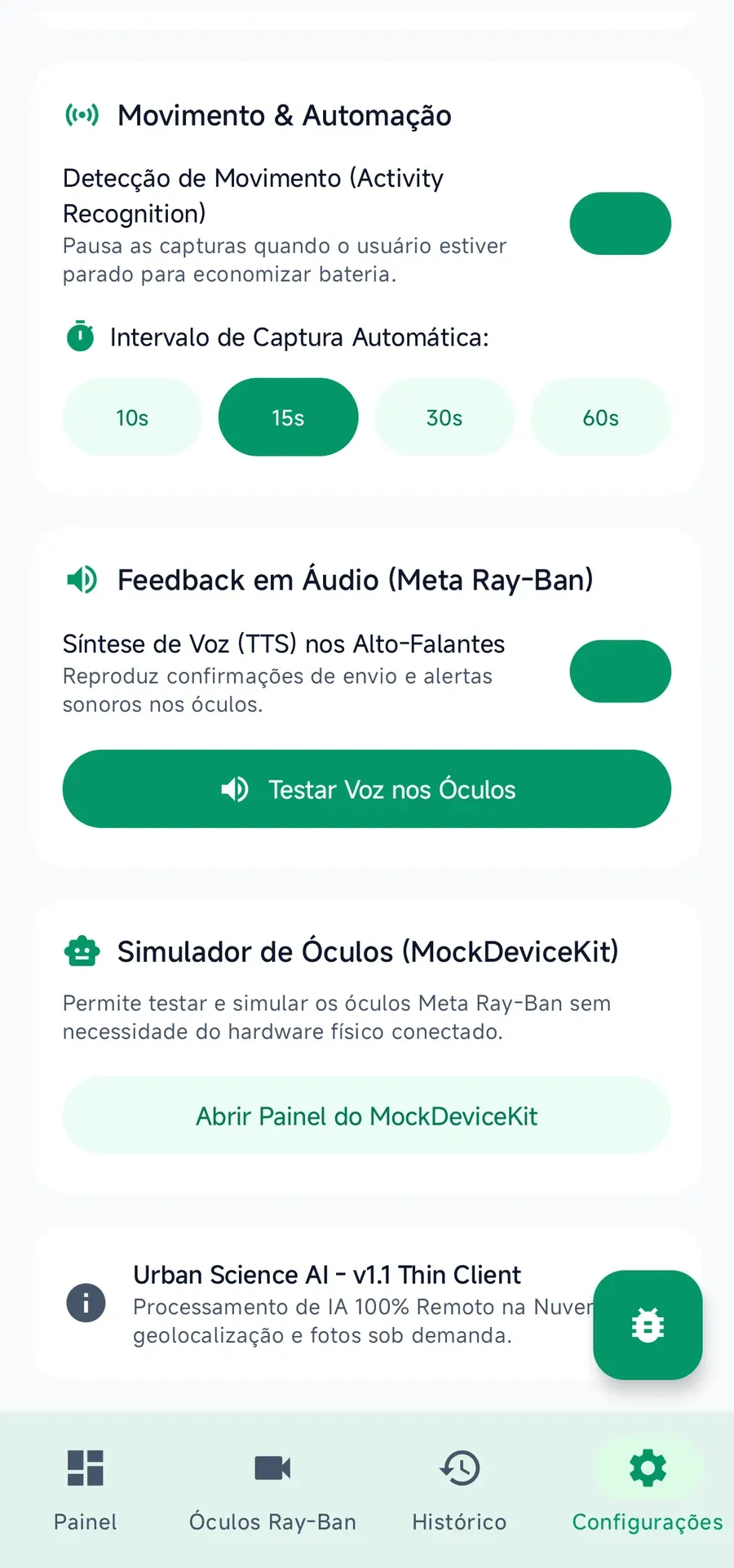 Configurações do UrbanSense: intervalo de captura, voz nos óculos Meta Ray-Ban e simulador de óculos