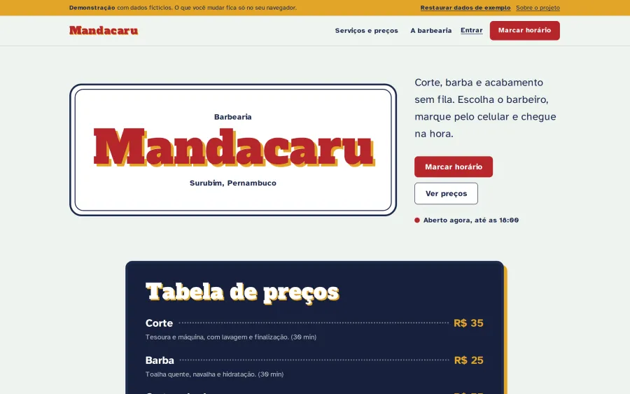 Página inicial da Mandacaru Barbearia no computador