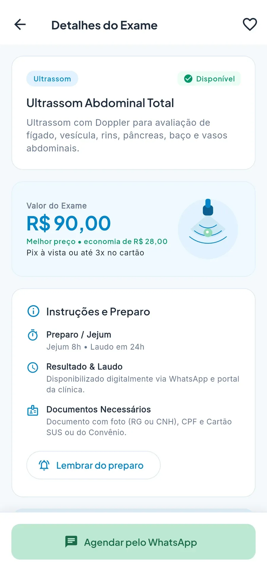 Detalhes do exame com valor, instruções de preparo e agendamento pelo WhatsApp