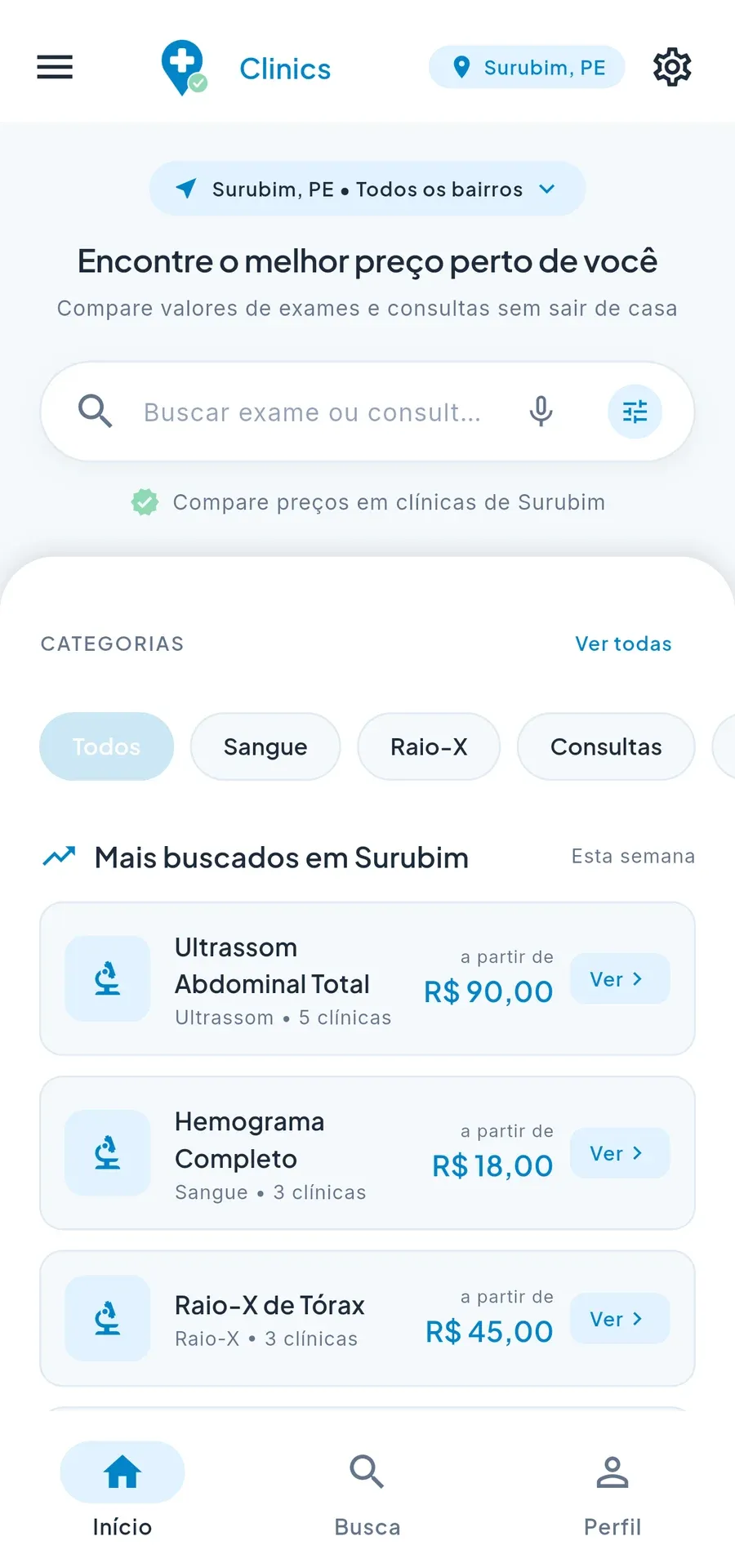 Tela inicial do app com busca de exames e os mais buscados em Surubim