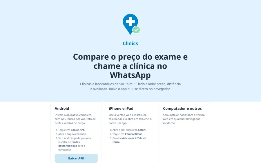 Página pública do Clinics com download do app para Android, iPhone e navegador