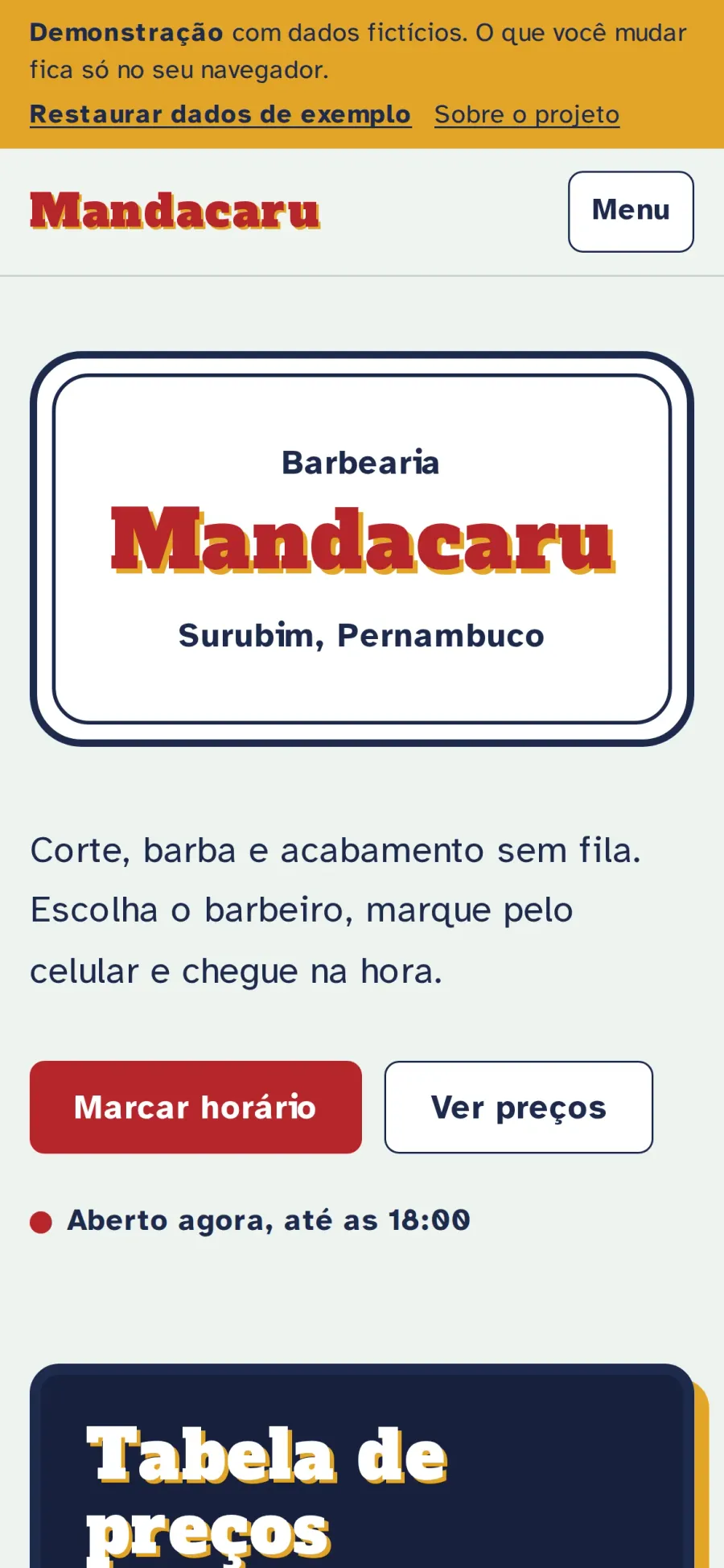 Página inicial da Mandacaru Barbearia no celular