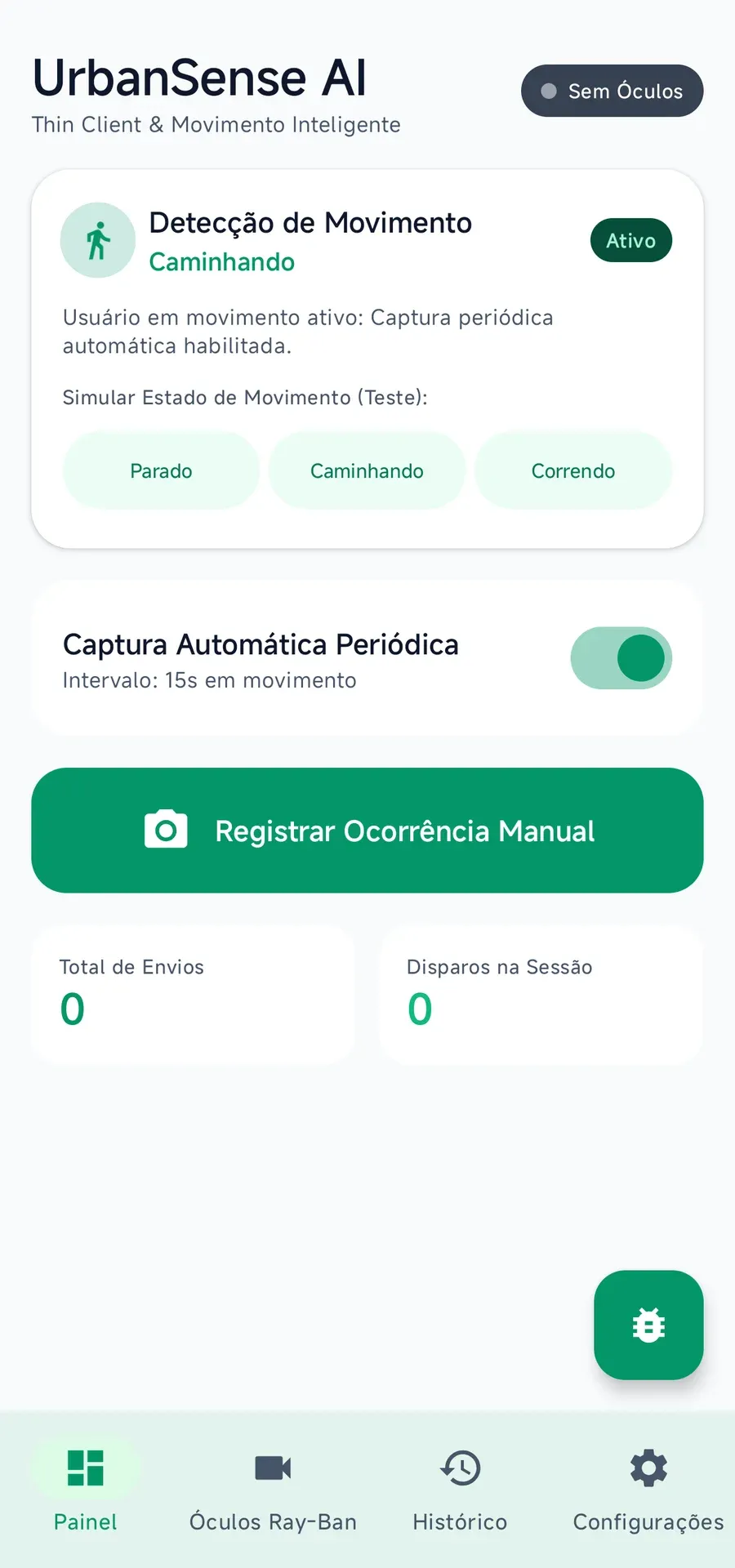 Painel do UrbanSense com detecção de movimento, captura automática periódica e botão para registrar ocorrência