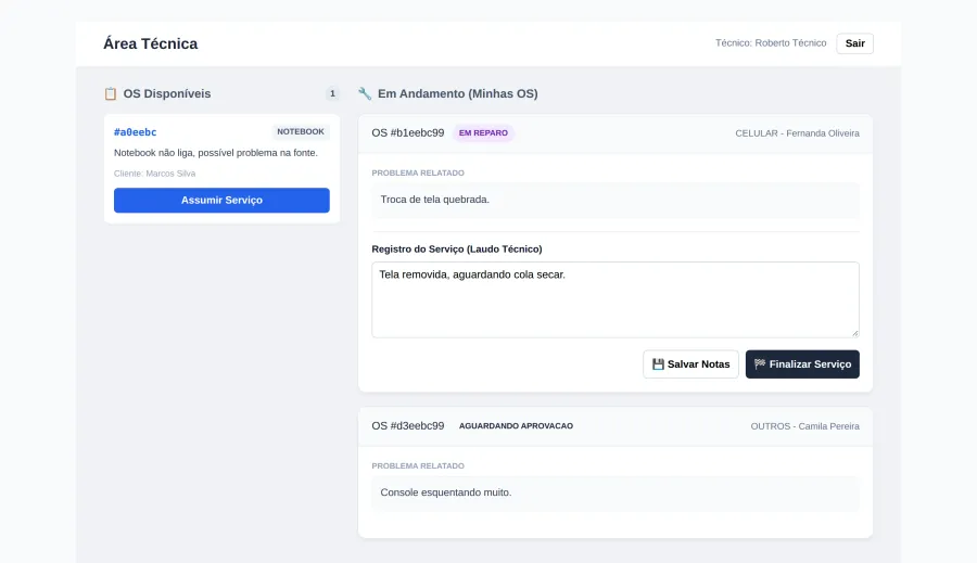 Área técnica: fila de ordens de serviço disponíveis e reparos em andamento com laudo